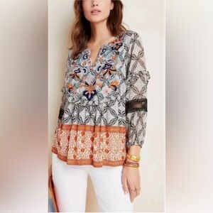 Anthropologie Floral Blouse - Orange and Black
